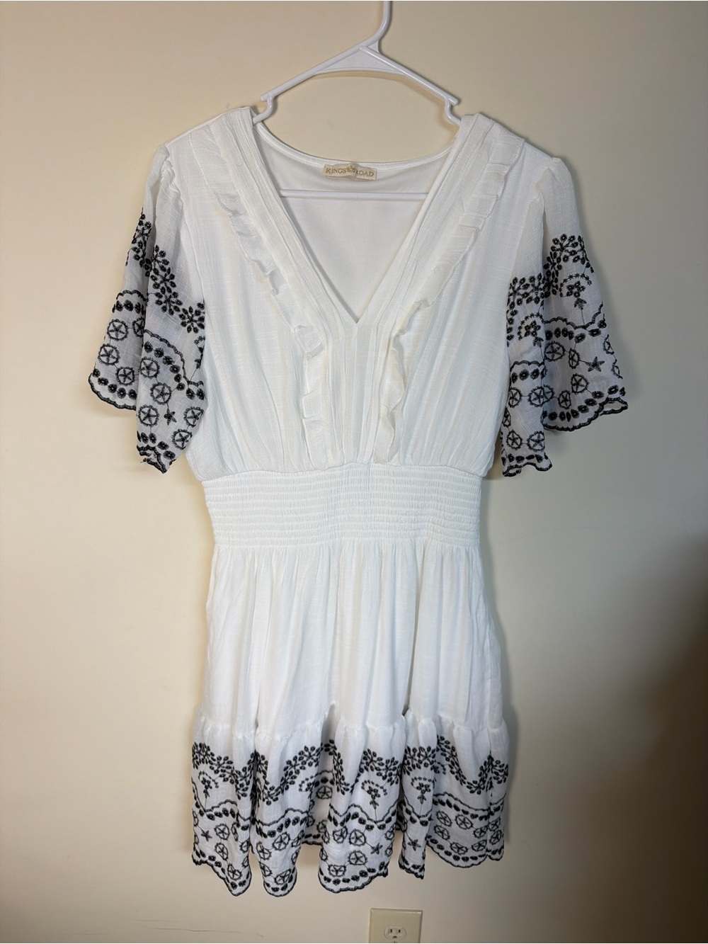 White V-Neck Mini Dress with Black Embroidered Sleeves